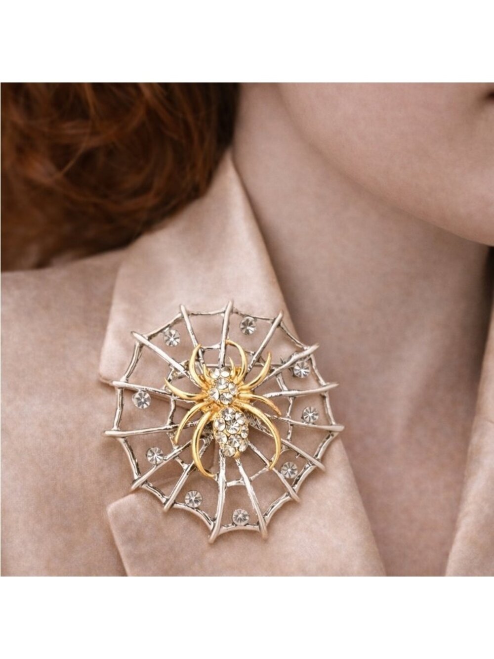 Spider Web Silver Crystal Brooch